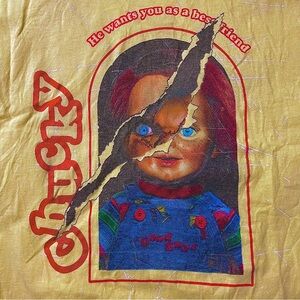 Chucky T-Shirt Mens Large Universal Studios Short Sleeve Horror Tee Yellow